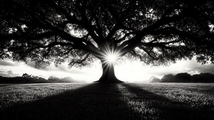 Poster - A black and white photo of a large tree in the middle of a field