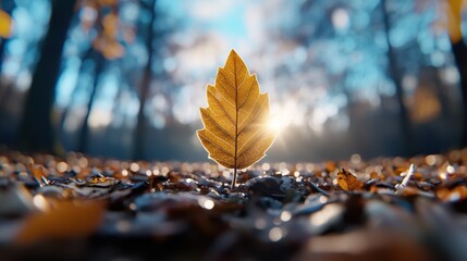 Poster - A single yellow leaf on the ground in the woods