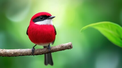 Poster - A small red bird sitting on a branch with green leaves