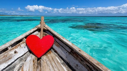 Poster - A red heart sitting on top of a wooden boat in the ocean