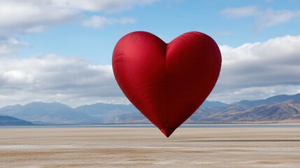 Poster - A large red heart shaped balloon floating in the middle of a desert