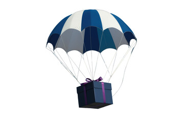 Poster - A gift-wrapped box descends from the sky attached to a blue and white parachute against a clear blue sky. background removed