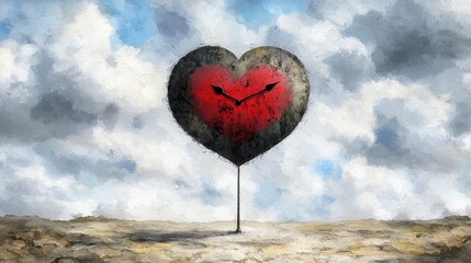 Poster - A heart shaped clock on a stick in the middle of a field