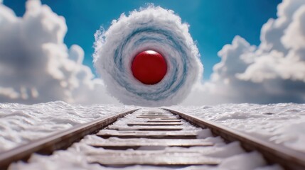 Poster - A red ball in the middle of a snow covered train track