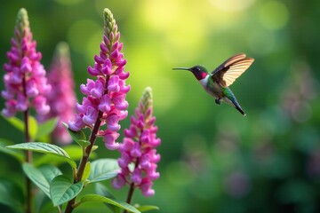 Anise hyssop's fragrance wafts towards a hovering hummingbird, waft, garden, hover