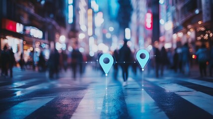 Wall Mural - Blurry city night; location markers on street.