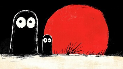 Poster - A couple of ghosts standing next to each other in front of a red sun