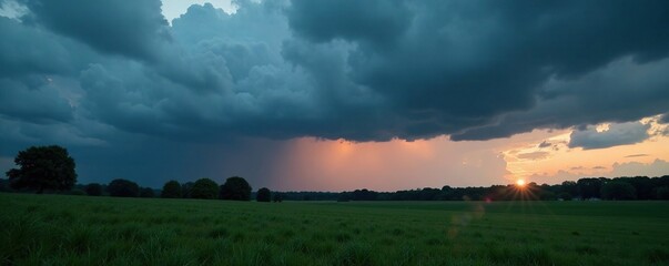 Wall Mural - Dark grey cloud looming over empty lawn at dusk, landscape, dark cloud