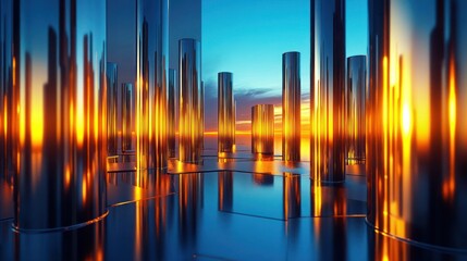 Wall Mural - sunset reflecting on futuristic city columns.