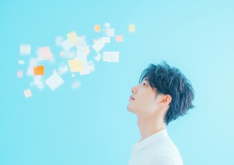 Poster - Korean Man Engaging with Floating Pastel Financial Documents in Soft Cyberpunk Lighting