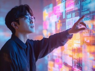 Poster - South Korean Man Analyzing Financial Graph in Abstract Pastel Tones