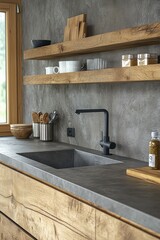 Wall Mural - Modern Rustic Kitchen with Concrete Countertops and Wooden Shelving Design