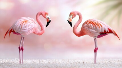 Poster - Two pink flamingos standing next to each other on a beach