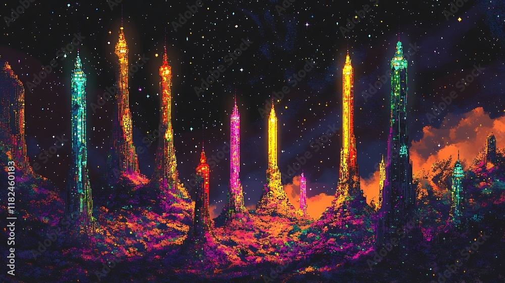 Colorful alien towers, night sky, fantasy landscape, digital art, game ...