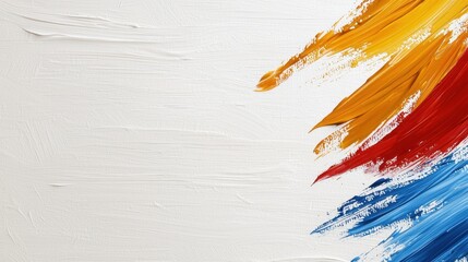 Poster - a close up of a white wall with a red, yellow and blue paint brush stroke