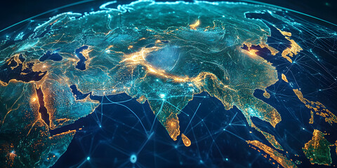 Wall Mural - Digital map of Asia, concept of global network and connectivity, data transfer and cyber technology, business exchange, information and telecommunication