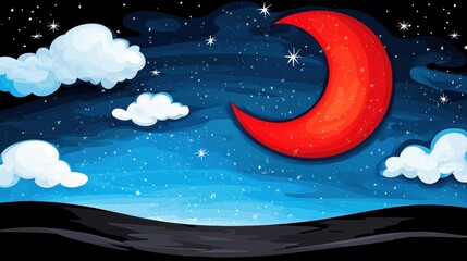 Poster - A red crescent moon in the night sky with clouds and stars