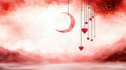 Poster - A red and white background with a crescent and hearts hanging from strings