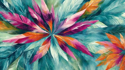 Wall Mural - Vibrant Abstract Feather Painting Teal Pink Orange