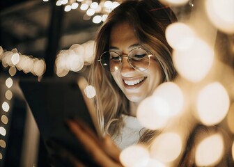 Wall Mural - A smiling woman with glasses uses a tablet, surrounded by warm bokeh lights, creating a cozy and joyful atmosphere that emphasizes happiness and connectivity.