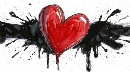 Poster - A red heart with black paint splatters on a white background