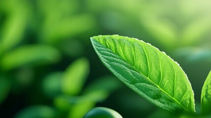 Wall Mural - Vibrant green leaf close-up with sunlit details in nature