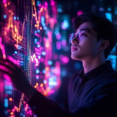 Poster - Korean Man Analyzing Futuristic Financial Charts in Cyberpunk Setting