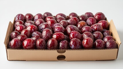 Wall Mural - Freshly picked ripe red plums in a cardboard box