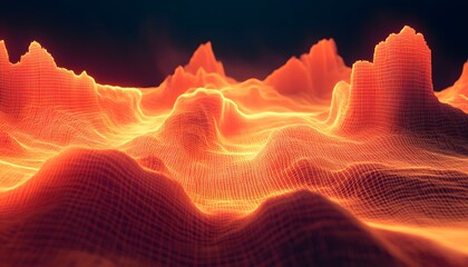 Poster - A stunning visual representation of a digital landscape with vibrant orange and red hues, creating an otherworldly feeling reminiscent of volcanic terrain or abstract data visualiz