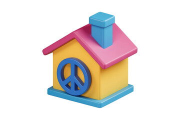 Poster - A colorful 3D model of a house with a peace symbol, representing peace and home. background removed