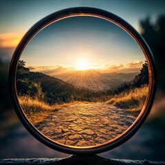 Wall Mural - Sunset view, framed, stone path, distant city, mountains.