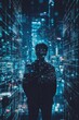 © jambulart - Silhouette stands before glowing digital data.