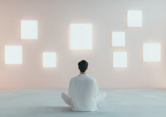 Poster - Contemplative Moment Man in Minimalist Room with Glowing Square Lights