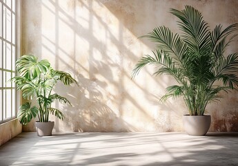 Empty soft interior with palm leaves plant. Modern 3d living room, office or gallery with shadows and sunlight from the window on the wall. Realistic illustration wall mockup design for background