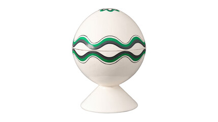 Poster - A white egg-shaped object with green and gray wavy stripes stands on a small white pedestal. background removed