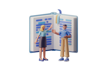 Poster - Two 3D characters discuss a large open book filled with lines of code, highlighting collaboration and learning. background removed