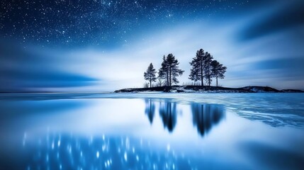 Wall Mural - Serene nightscape with starry sky and reflective lake island