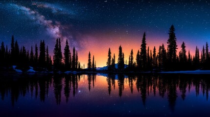 Wall Mural - Starry night sky reflected in lake by silhouetted trees at twilight