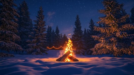 Wall Mural - Winter night campfire in snowy pine forest under starry sky