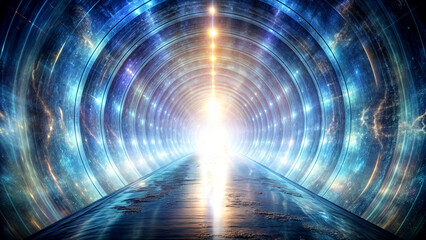 Poster - A vibrant cosmic tunnel stretches into the distance, illuminated by a brilliant light source. The swirling patterns create a mystical atmosphere enhancing the sense of depth