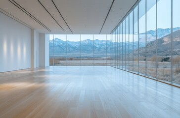 Wall Mural - Spacious modern gallery with mountain view through large glass windows