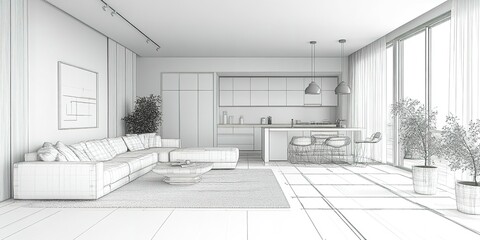 Poster - Modern minimalist living space with open kitchen and natural light