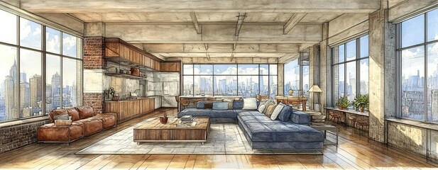 Poster - Urban loft interior featuring large windows and city skyline view during daylight