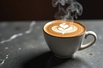 Wall Mural - Steaming cup of mocha cappuccino on gray marble table, marble, espresso