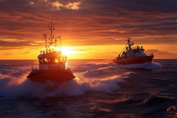 Wall Mural - Two boats sail sunset ocean, fiery sky.