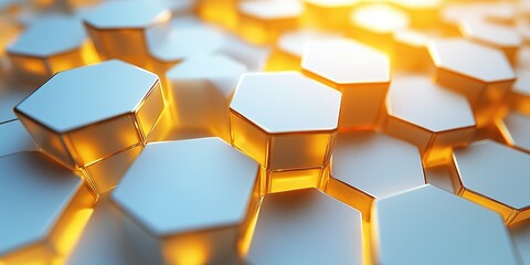 Poster - Metallic hexagons glowing with warm light create a striking abstract pattern for design inspiration