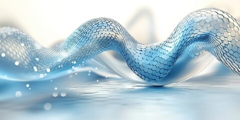 Poster - Flowing blue wave pattern with hexagonal shapes and shimmering highlights