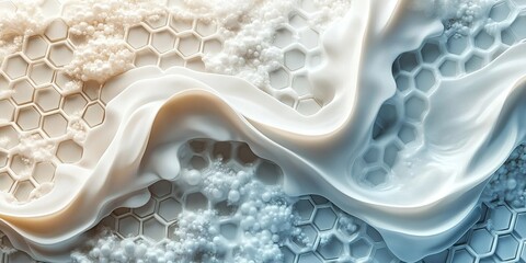 Poster - Abstract design featuring a textured surface with flowing white material and hexagonal patterns in soft lighting