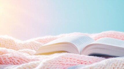 Aufkleber - Dreamy Winter Reading Open Book on Cozy Wool Blanket with Pastel Light Flares