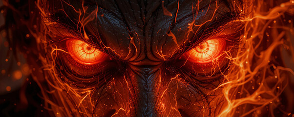 Poster - A terrifying creature with intense red eyes stares directly at the viewer, surrounded by swirling fiery patterns that enhance its fierce appearance, emphasizing anger and power